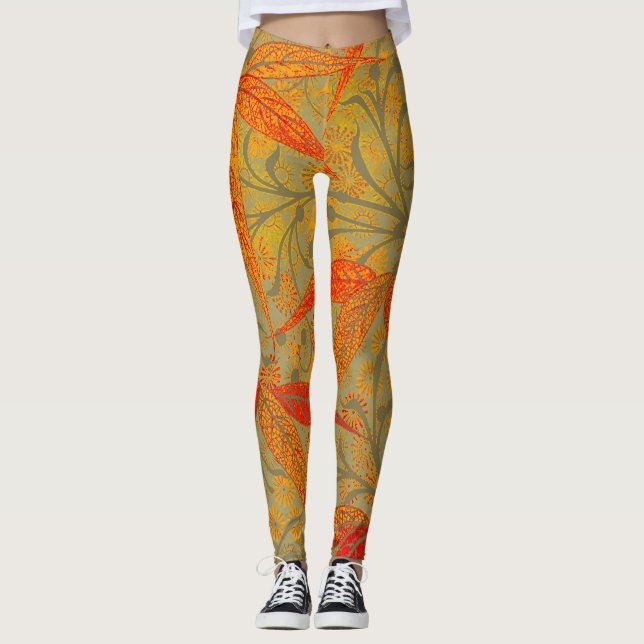 Morris & Co. Bamboo Pattern Godwin Orange & Sage Leggings (Front)