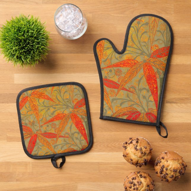 Morris & Co. Bamboo Pattern Godwin Orange & Sage Oven Mitt & Pot Holder Set (Top Down)