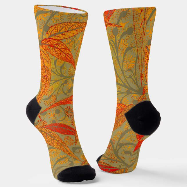 Morris & Co. Bamboo Pattern Godwin Orange & Sage Socks (Angled)