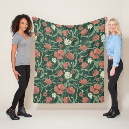 Morris Garden Green  Red Floral Bath Towel Set Fleece Blanket