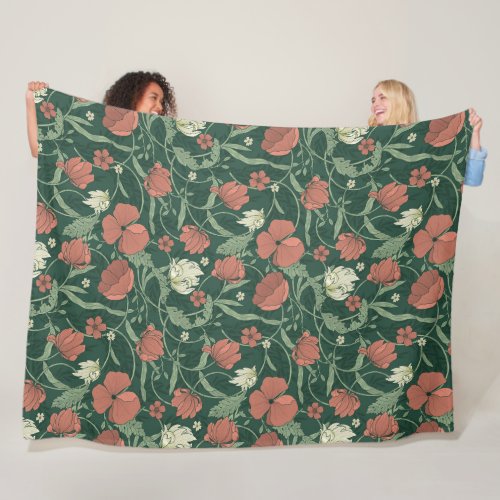 Morris Garden Green  Red Floral Fleece Blanket