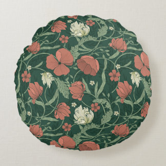 Morris Garden Green & Red Floral Round Pillow
