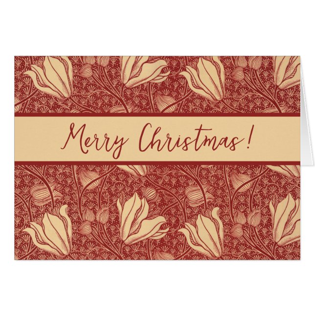 Morris Inspired Lily Flower Botanical Red Textile  (Front Horizontal)