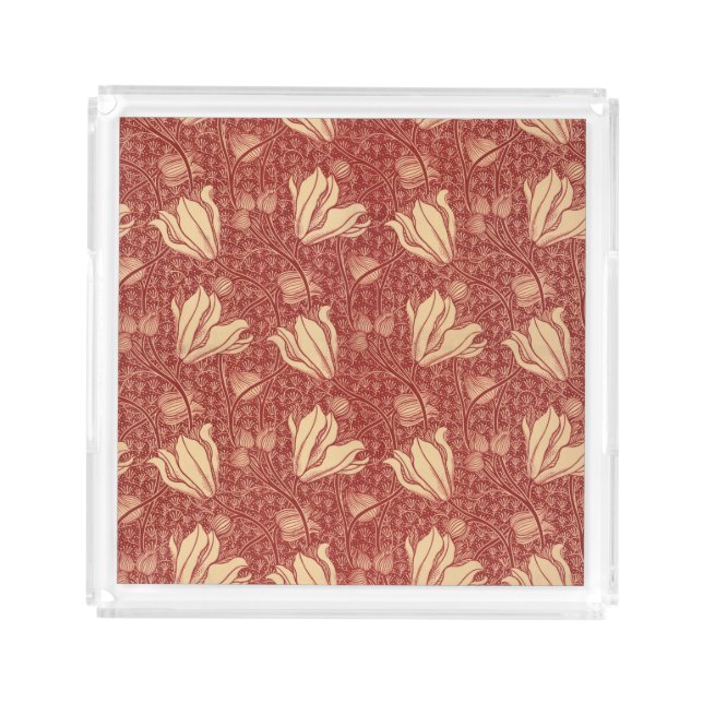 Morris Inspired Lily Flower Botanical Red Textile  Acrylic Tray (Front)