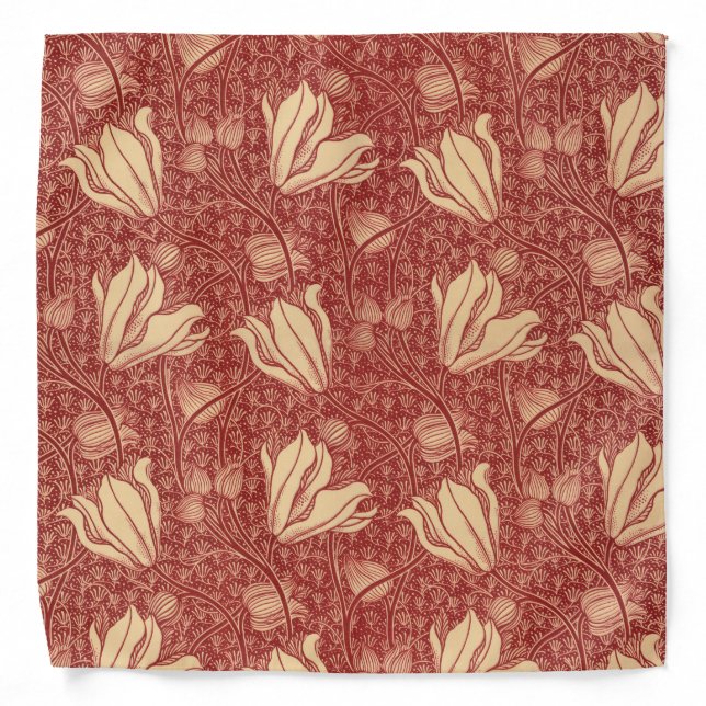 Morris Inspired Lily Flower Botanical Red Textile  Bandana (Front)