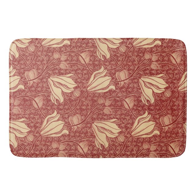 Morris Inspired Lily Flower Botanical Red Textile  Bath Mat (Front)