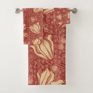 Morris Inspired Lily Flower Botanical Red Textile  Bath Towel Set