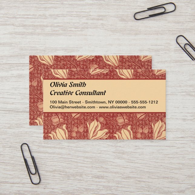 Morris Inspired Lily Flower Botanical Red Textile  Business Card (Front/Back In Situ)
