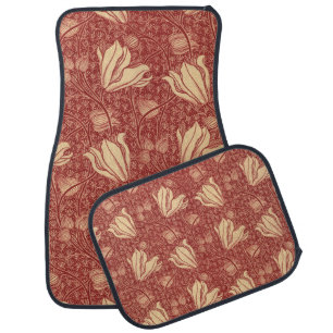 Morris Inspired Lily Flower Botanical Red Textile Car Floor Mat