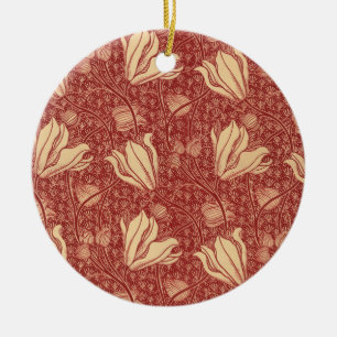 Morris Inspired Lily Flower Botanical Red Textile Ceramic Ornament