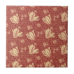Morris Inspired Lily Flower Botanical Red Textile  Ceramic Tile