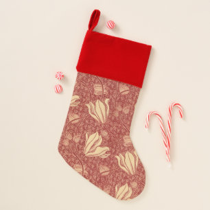 Morris Inspired Lily Flower Botanical Red Textile Christmas Stocking
