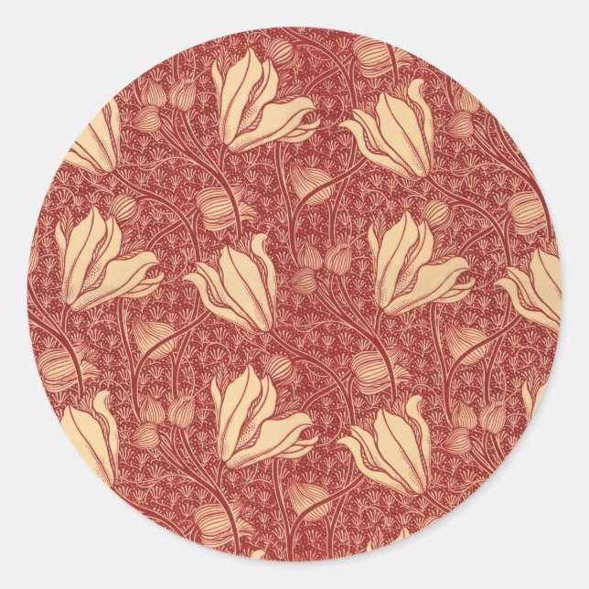 Morris Inspired Lily Flower Botanical Red Textile  Classic Round Sticker (Front)