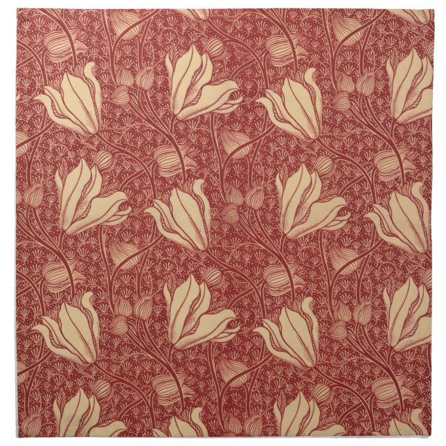 Morris Inspired Lily Flower Botanical Red Textile  Cloth Napkin (Front)