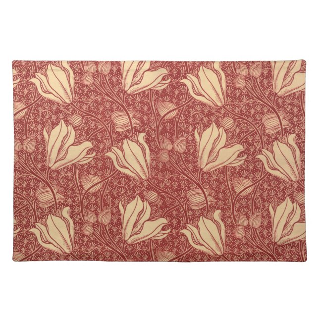 Morris Inspired Lily Flower Botanical Red Textile  Cloth Placemat (Front)