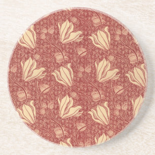 Morris Inspired Lily Flower Botanical Red Textile Coaster