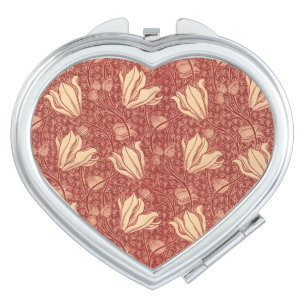 Morris Inspired Lily Flower Botanical Red Textile  Compact Mirror