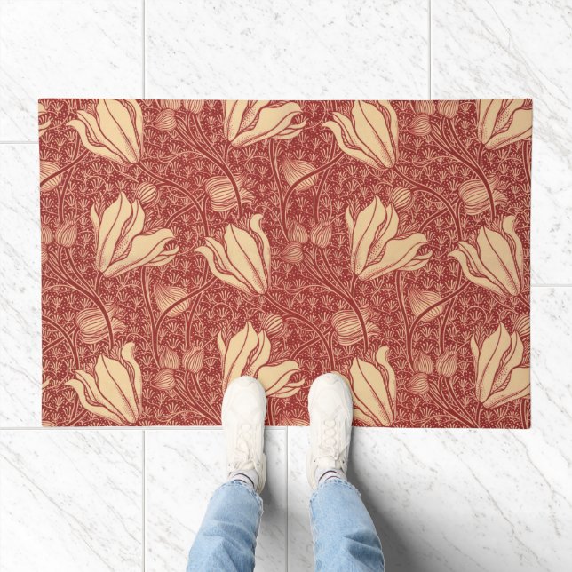 Morris Inspired Lily Flower Botanical Red Textile  Doormat (Indoor)