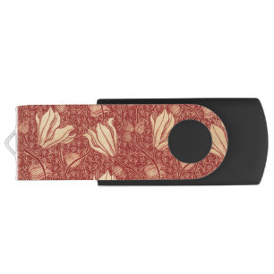 Morris Inspired Lily Flower Botanical Red Textile  Flash Drive