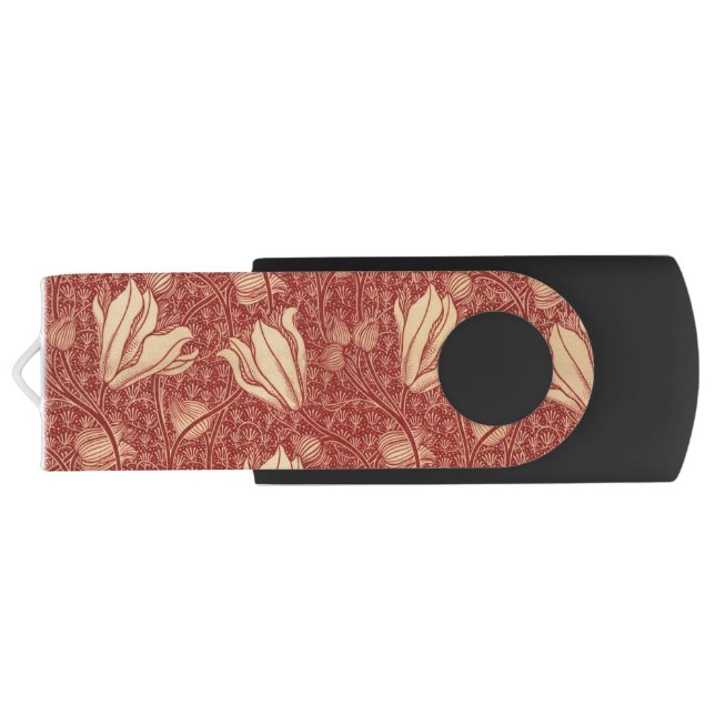 Morris Inspired Lily Flower Botanical Red Textile  Flash Drive (Back)