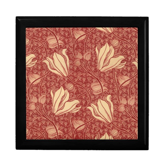 Morris Inspired Lily Flower Botanical Red Textile  Gift Box (Front)