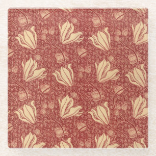 Morris Inspired Lily Flower Botanical Red Textile Glass Coaster