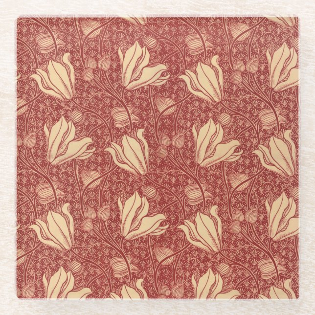 Morris Inspired Lily Flower Botanical Red Textile  Glass Coaster (Front)