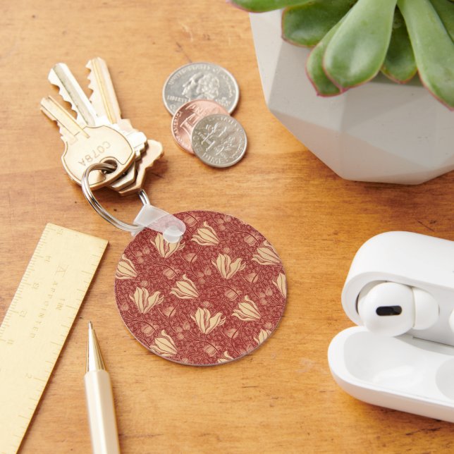 Morris Inspired Lily Flower Botanical Red Textile  Keychain (Desk)