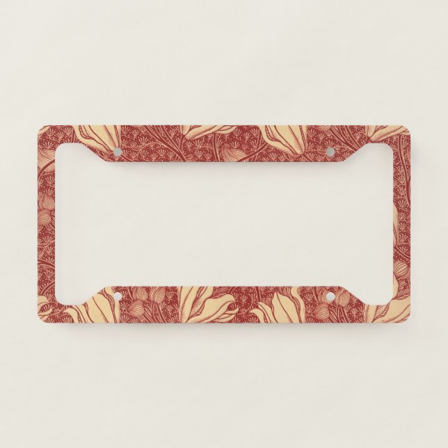 Morris Inspired Lily Flower Botanical Red Textile  License Plate Frame (Front)