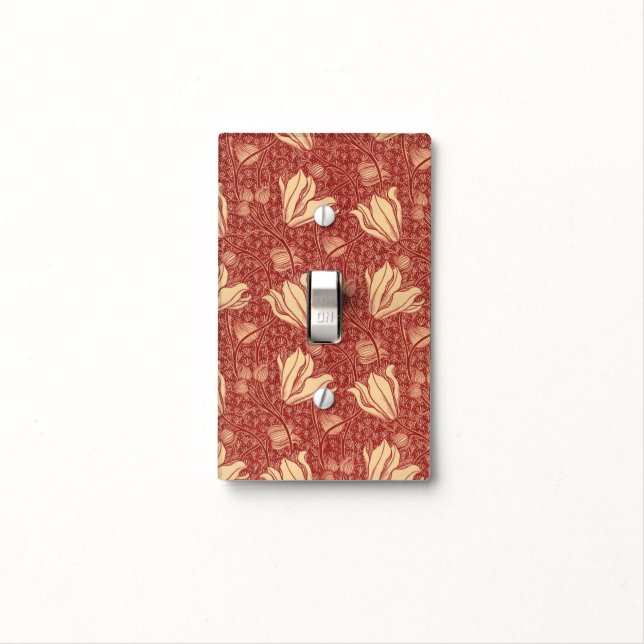 Morris Inspired Lily Flower Botanical Red Textile  Light Switch Cover (In Situ)