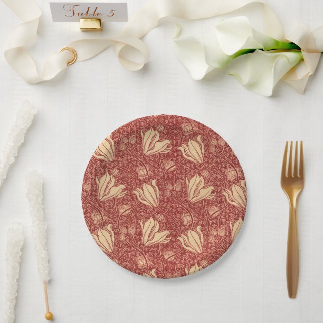 Morris Inspired Lily Flower Botanical Red Textile  Paper Plates (Wedding)
