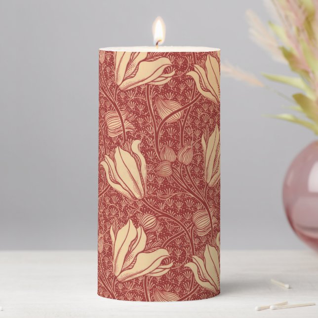 Morris Inspired Lily Flower Botanical Red Textile  Pillar Candle (In Situ)