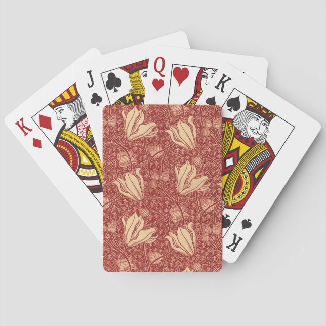 Morris Inspired Lily Flower Botanical Red Textile  Poker Cards (Back)