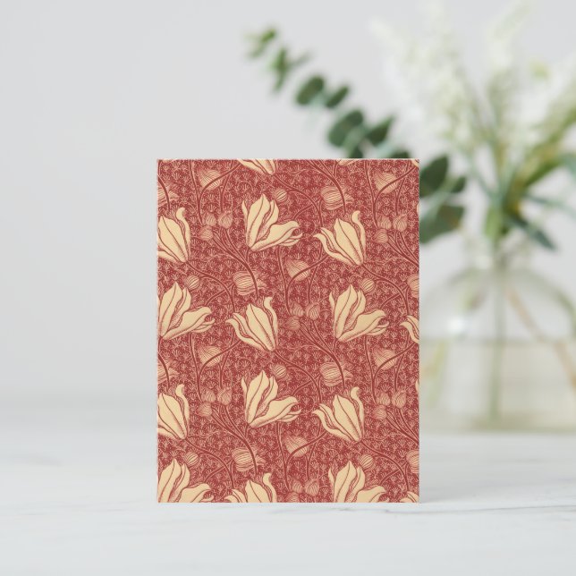 Morris Inspired Lily Flower Botanical Red Textile  Postcard (Standing Front)