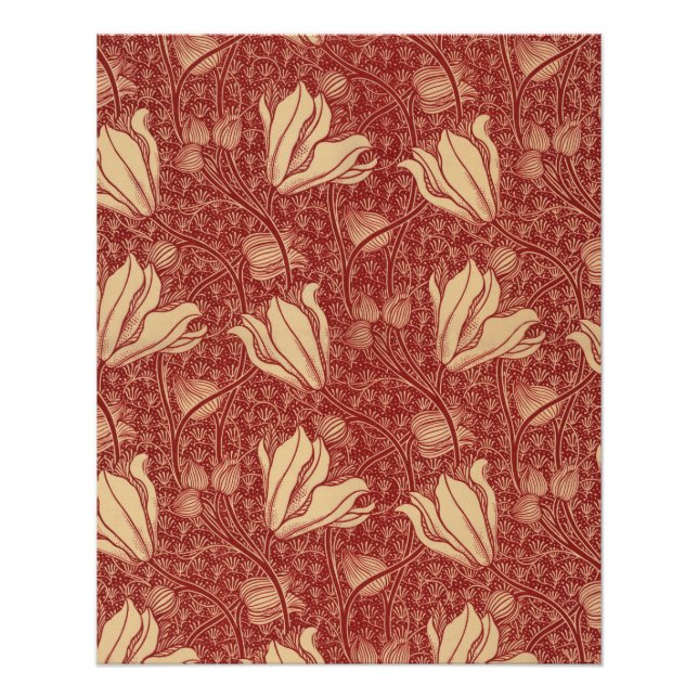 Morris Inspired Lily Flower Botanical Red Textile  Poster (Front)