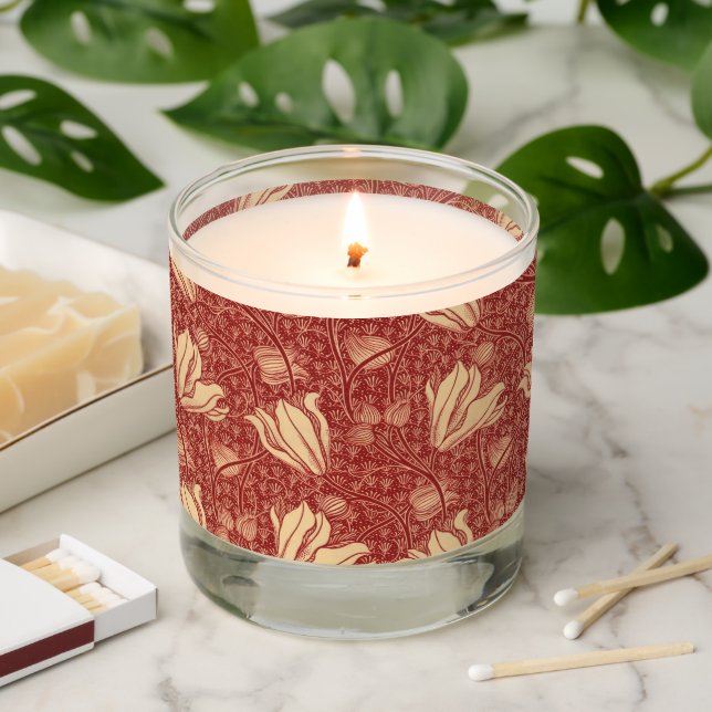 Morris Inspired Lily Flower Botanical Red Textile  Scented Candle (Lit)