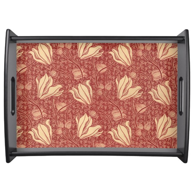 Morris Inspired Lily Flower Botanical Red Textile  Serving Tray (Front)