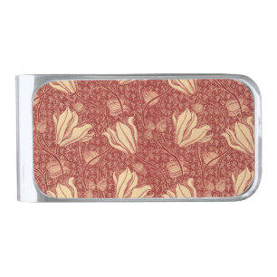 Morris Inspired Lily Flower Botanical Red Textile Silver Finish Money Clip