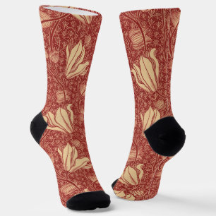 Morris Inspired Lily Flower Botanical Red Textile Socks