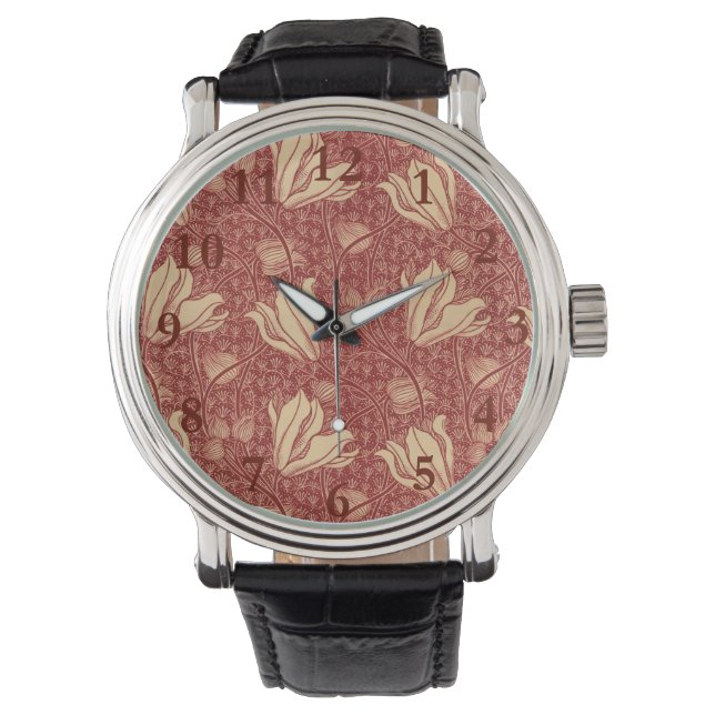 Morris Inspired Lily Flower Botanical Red Textile  Watch (Front)