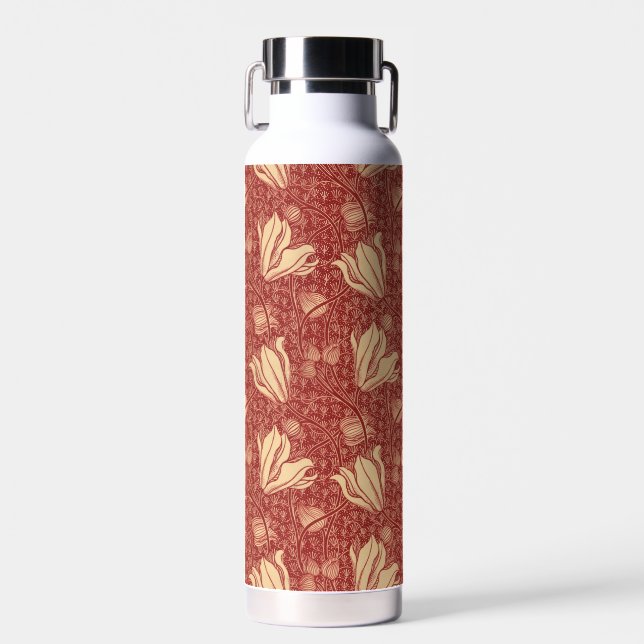 Morris Inspired Lily Flower Botanical Red Textile  Water Bottle (Front)
