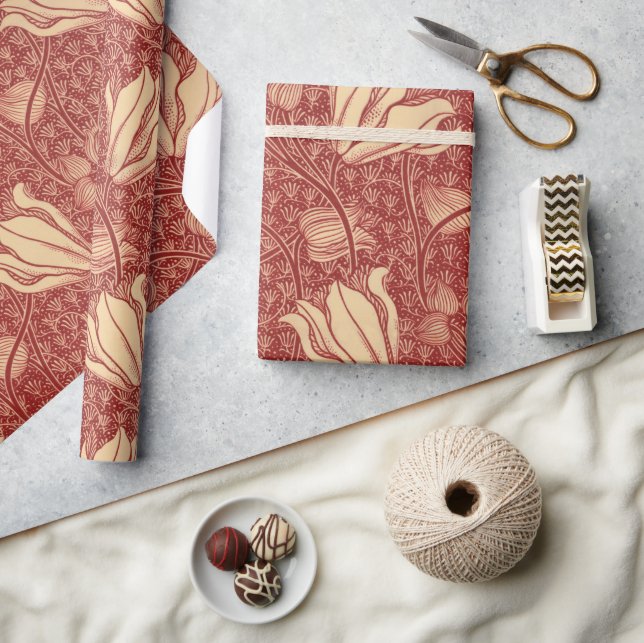 Morris Inspired Lily Flower Botanical Red Textile  Wrapping Paper (Crafts)