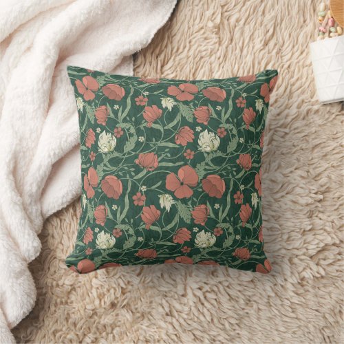 Morris inspired style dusty green red poppies throw pillow
