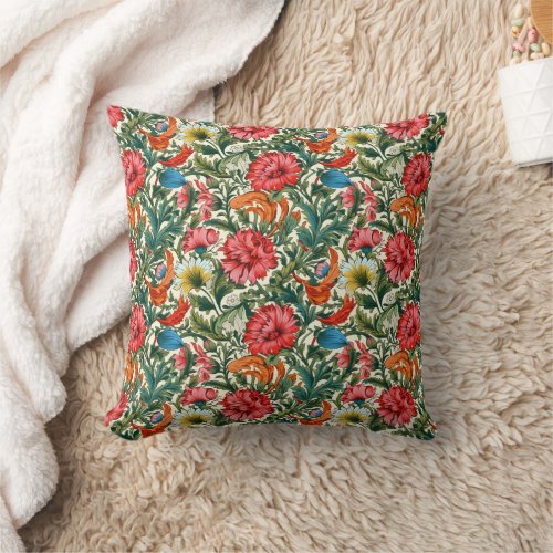 Morris inspired style vibrant colors floral garden throw pillow