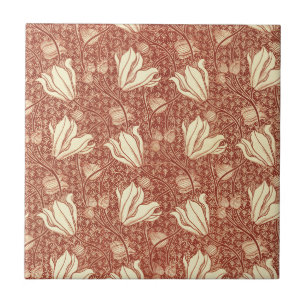 Morris Inspired Victorian Red Lily Floral Textile Ceramic Tile