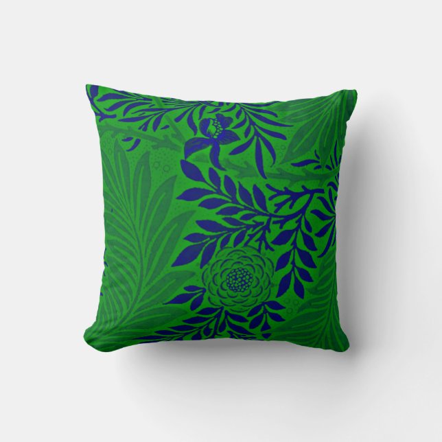 Morris - Larkspur in Vibrant Green and Blue Throw Pillow (Front)