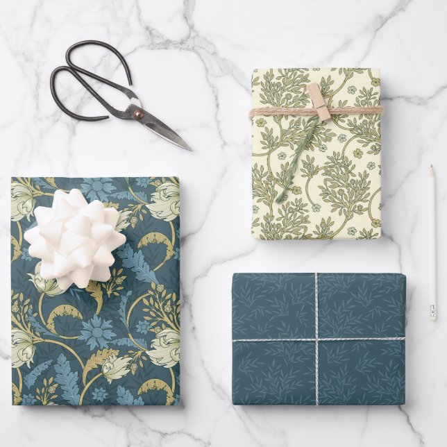 Morris Park Blue and Green Floral Demask Wrapping Paper Sheets (Front)