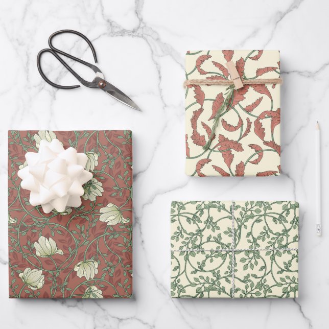 Morris Park Copper and Green Floral Demask Wrapping Paper Sheets (Front)