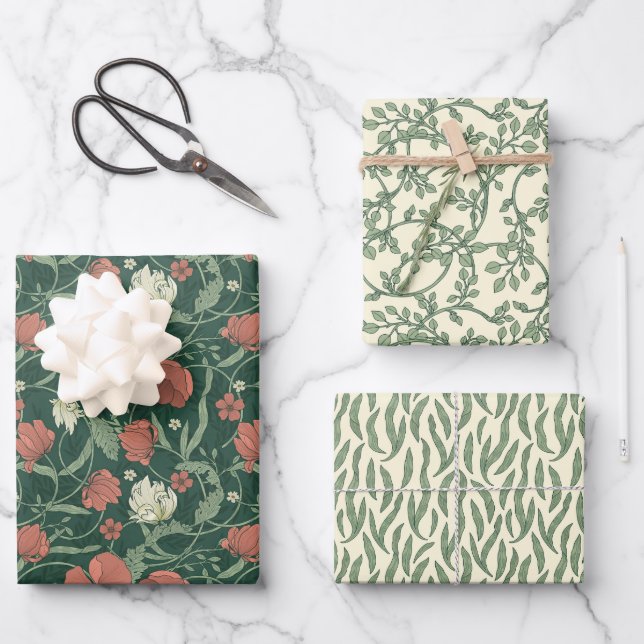 Morris Park Red and Green Floral Demask Wrapping Paper Sheets (Front)