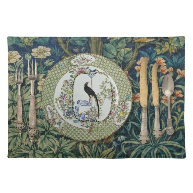 Morris Print Placemat with Antique Bird Plate (Front)